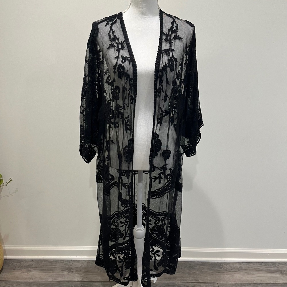 Womens Kimono Duster Black Sheer Lace Embroider Whimsigoth Fairy Boho Indie